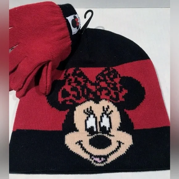 Disney Minnie Mouse Red and Black Kids Beanie and Gloves Set - Picture 1 of 3